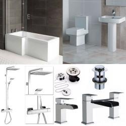 L-Shape Bathroom suite with Square Toilet and Sink Waterfall Taps set and Shower
